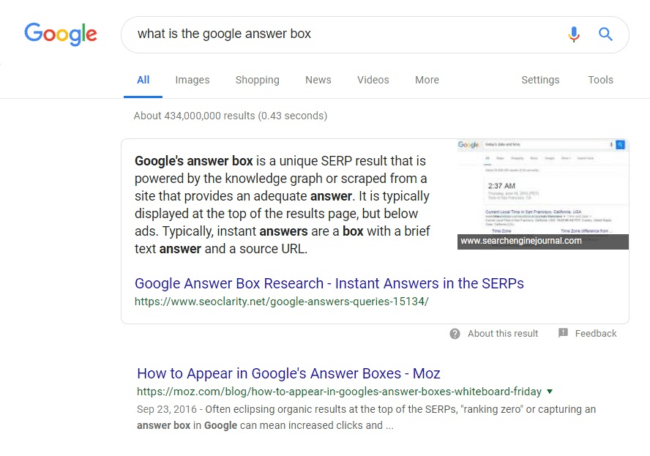 Screenshot of Google Answer Box in a Google search window